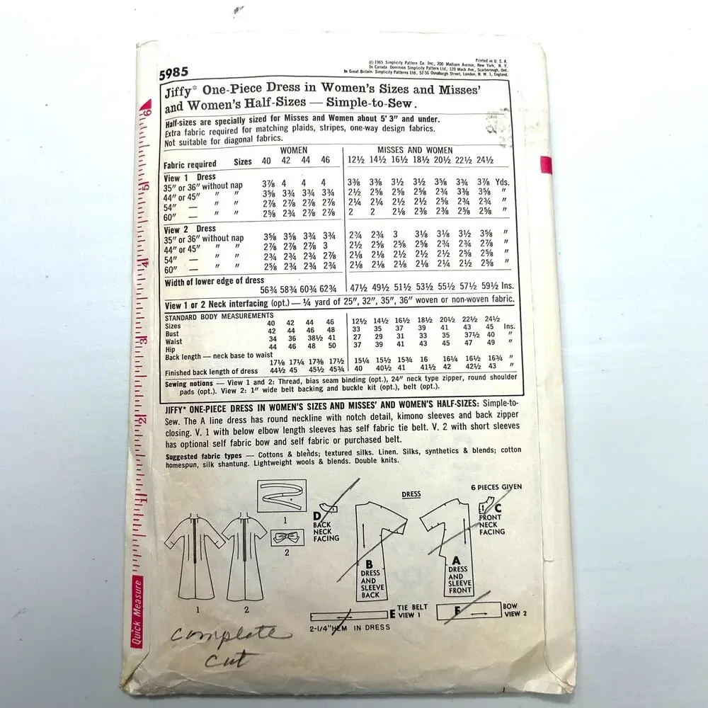 Simplicity‎ Vintage 1965 Pattern #5985 Jiffy Raglan Sleeved Dress Size 14.5